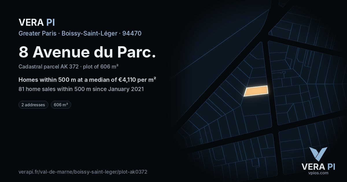 8 Avenue du Parc, Boissy-Saint-Léger at night – the plot lit, the parcels around coloured by the prices near them