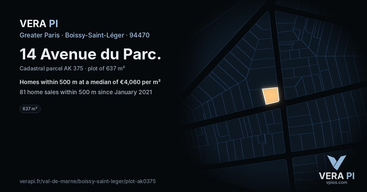14 Avenue du Parc, Boissy-Saint-Léger at night – the plot lit, the parcels around coloured by the prices near them