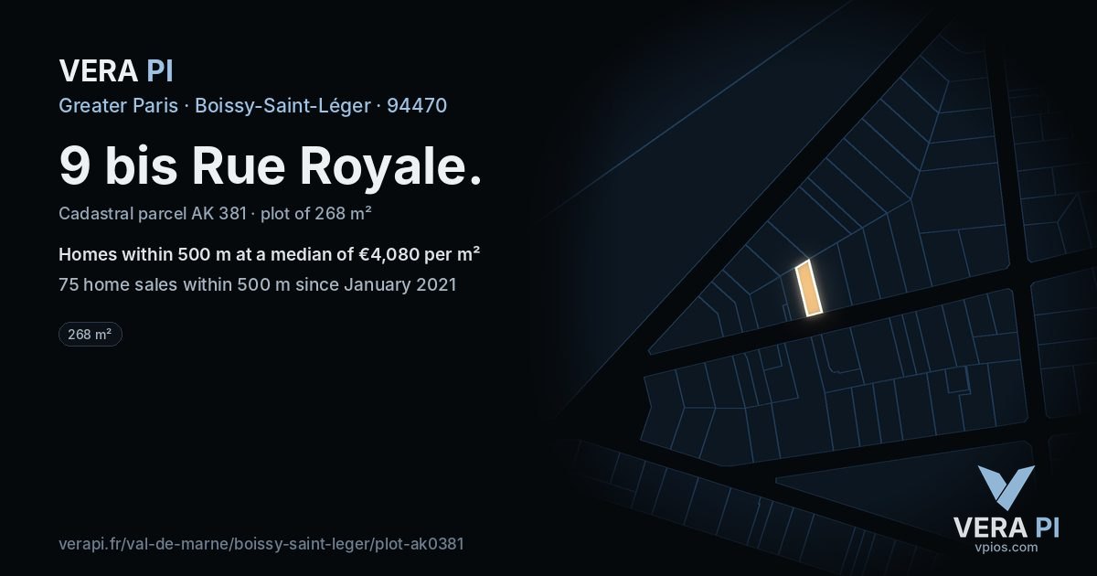 9 bis Rue Royale, Boissy-Saint-Léger at night – the plot lit, the parcels around coloured by the prices near them