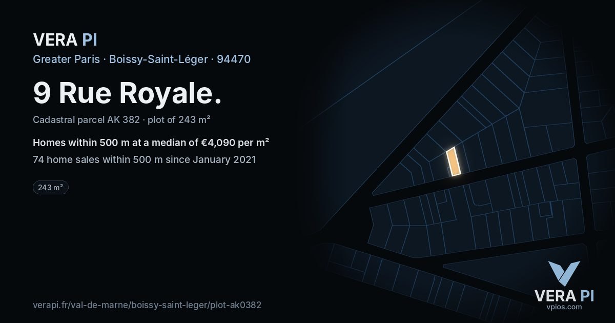 9 Rue Royale, Boissy-Saint-Léger at night – the plot lit, the parcels around coloured by the prices near them