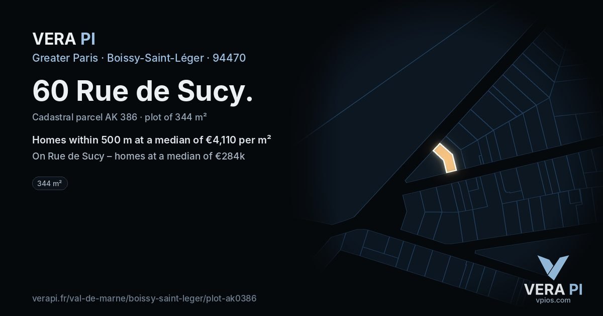 60 Rue de Sucy, Boissy-Saint-Léger at night – the plot lit, the parcels around coloured by the prices near them
