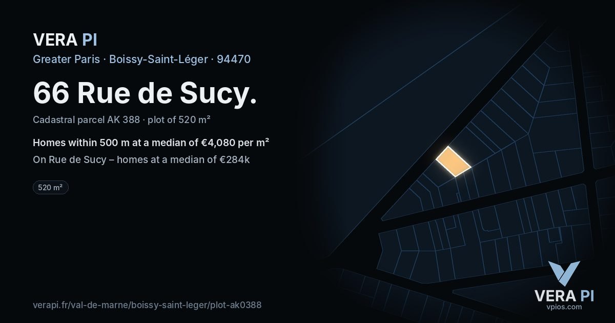 66 Rue de Sucy, Boissy-Saint-Léger at night – the plot lit, the parcels around coloured by the prices near them
