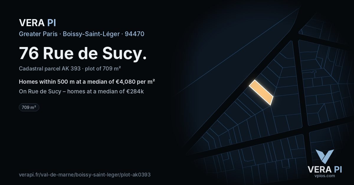 76 Rue de Sucy, Boissy-Saint-Léger at night – the plot lit, the parcels around coloured by the prices near them