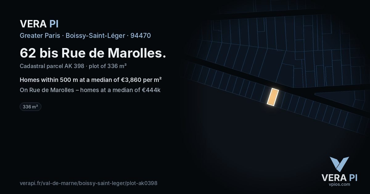 62 bis Rue de Marolles, Boissy-Saint-Léger at night – the plot lit, the parcels around coloured by the prices near them