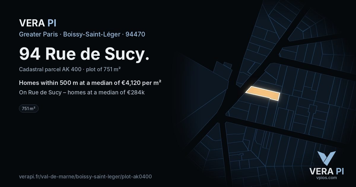 94 Rue de Sucy, Boissy-Saint-Léger at night – the plot lit, the parcels around coloured by the prices near them