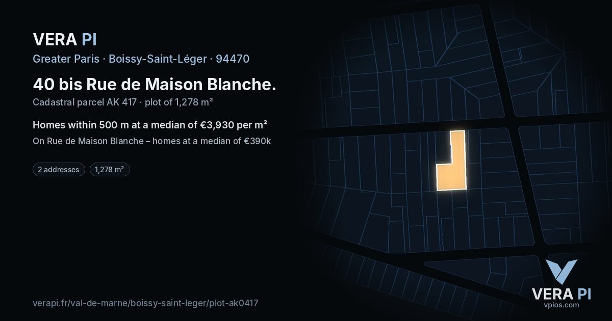 40 bis Rue de Maison Blanche, Boissy-Saint-Léger at night – the plot lit, the parcels around coloured by the prices near them