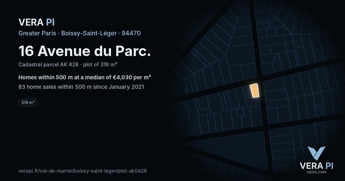 16 Avenue du Parc, Boissy-Saint-Léger at night – the plot lit, the parcels around coloured by the prices near them