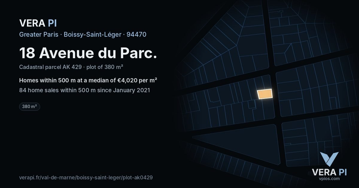 18 Avenue du Parc, Boissy-Saint-Léger at night – the plot lit, the parcels around coloured by the prices near them