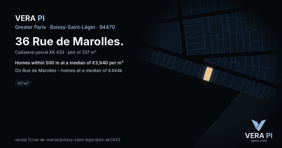 36 Rue de Marolles, Boissy-Saint-Léger at night – the plot lit, the parcels around coloured by the prices near them
