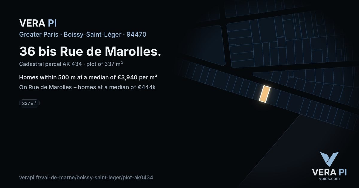36 bis Rue de Marolles, Boissy-Saint-Léger at night – the plot lit, the parcels around coloured by the prices near them