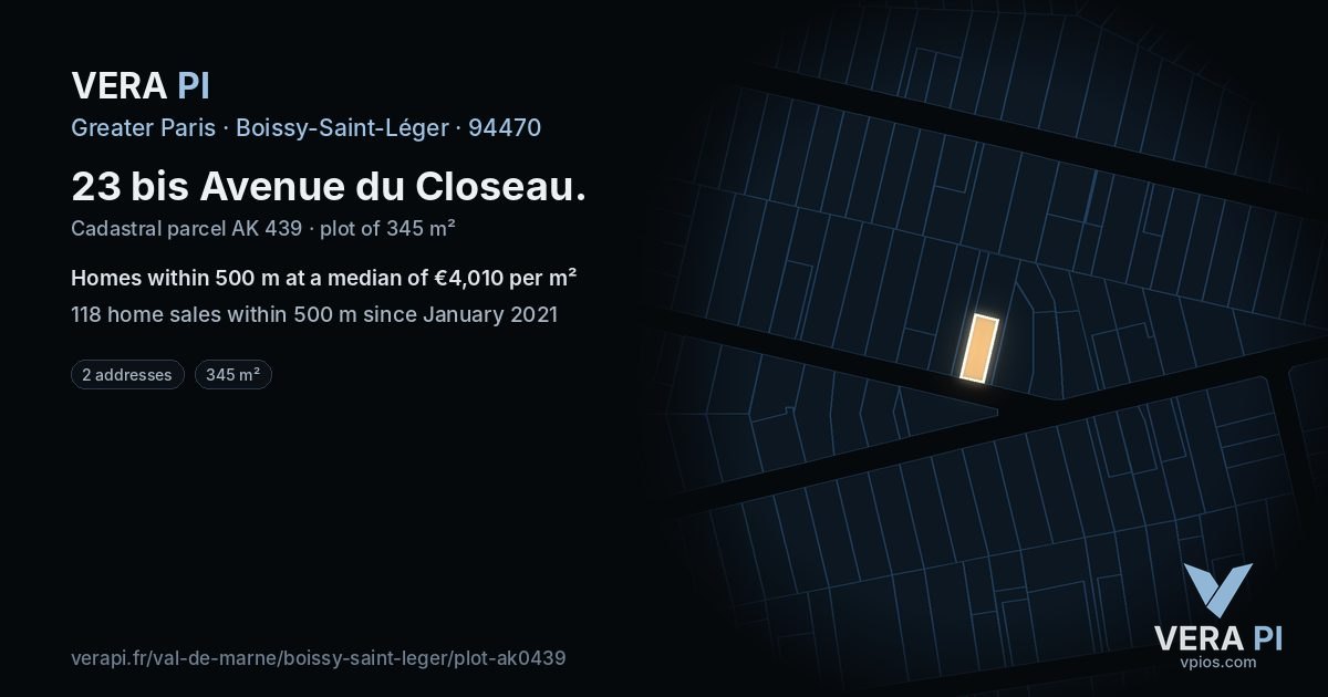 23 bis Avenue du Closeau, Boissy-Saint-Léger at night – the plot lit, the parcels around coloured by the prices near them