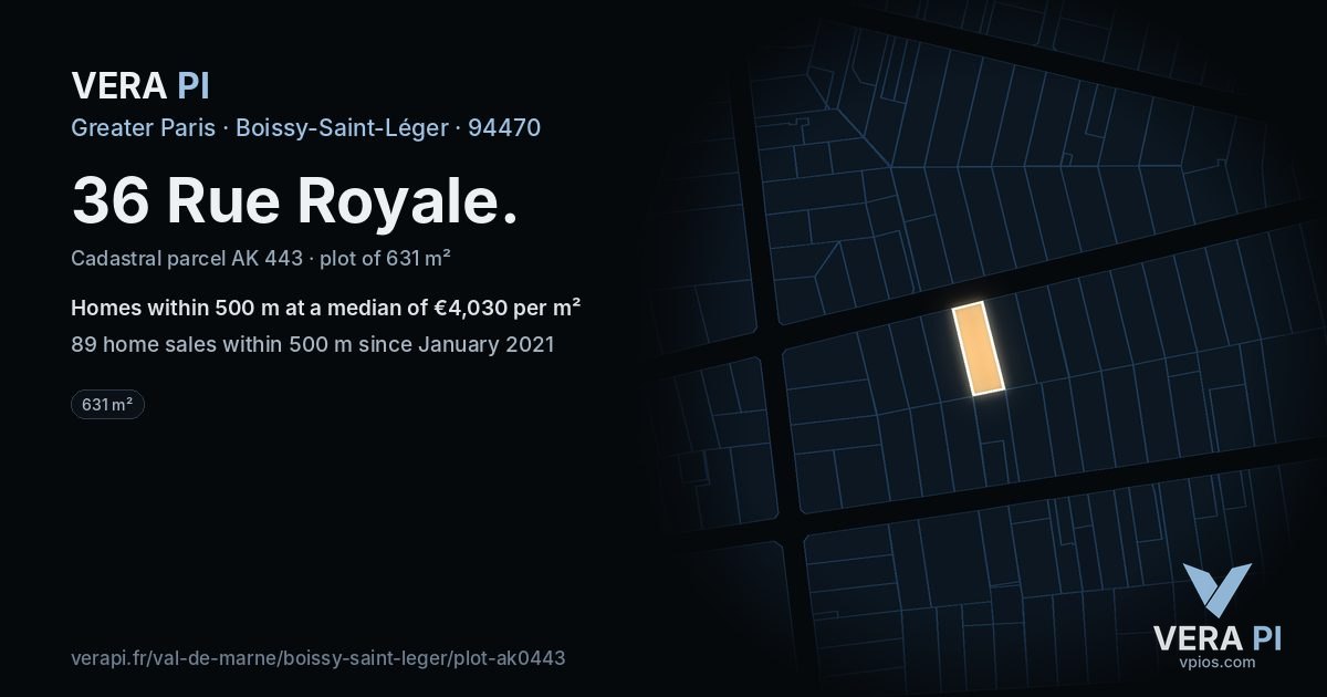 36 Rue Royale, Boissy-Saint-Léger at night – the plot lit, the parcels around coloured by the prices near them