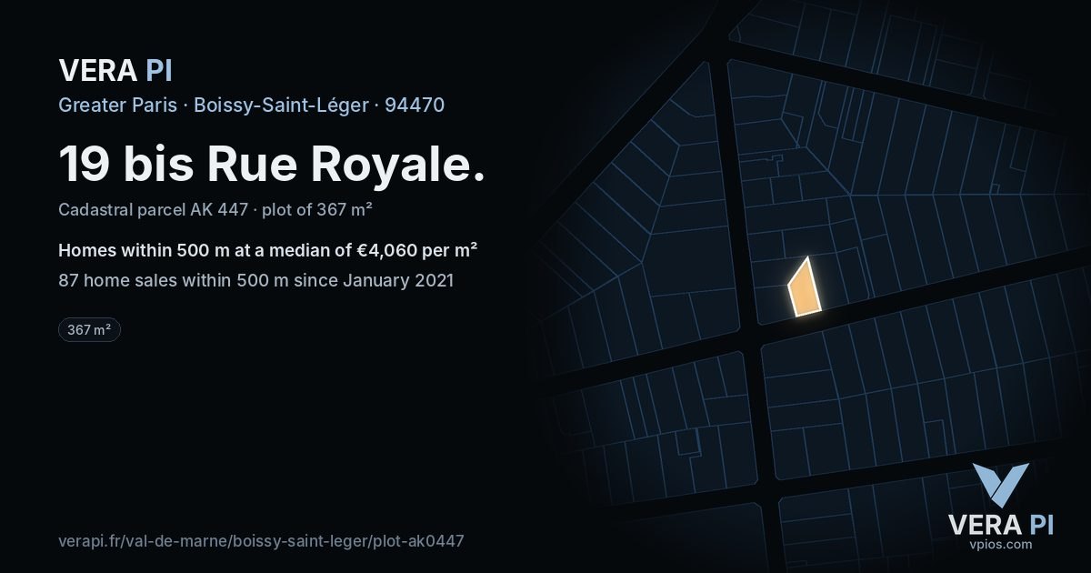 19 bis Rue Royale, Boissy-Saint-Léger at night – the plot lit, the parcels around coloured by the prices near them