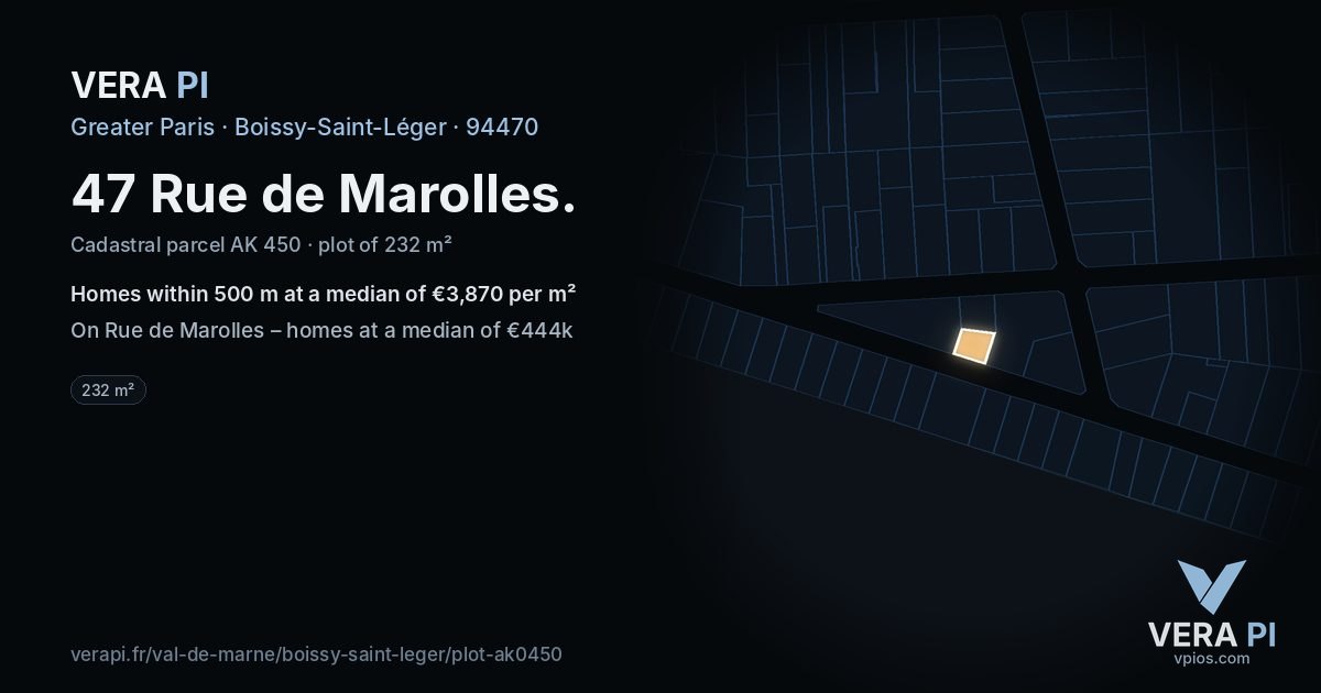 47 Rue de Marolles, Boissy-Saint-Léger at night – the plot lit, the parcels around coloured by the prices near them