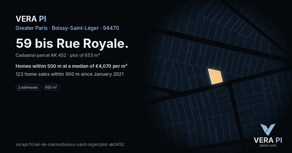59 bis Rue Royale, Boissy-Saint-Léger at night – the plot lit, the parcels around coloured by the prices near them