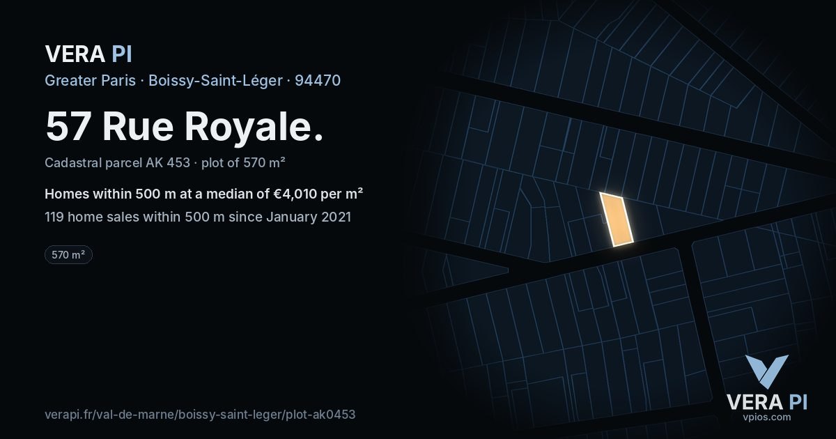 57 Rue Royale, Boissy-Saint-Léger at night – the plot lit, the parcels around coloured by the prices near them