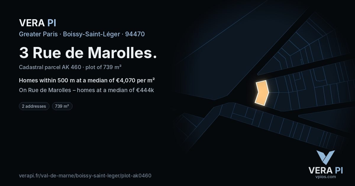 3 Rue de Marolles, Boissy-Saint-Léger at night – the plot lit, the parcels around coloured by the prices near them