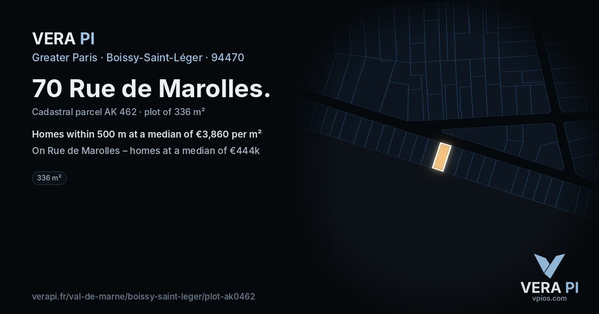 70 Rue de Marolles, Boissy-Saint-Léger at night – the plot lit, the parcels around coloured by the prices near them