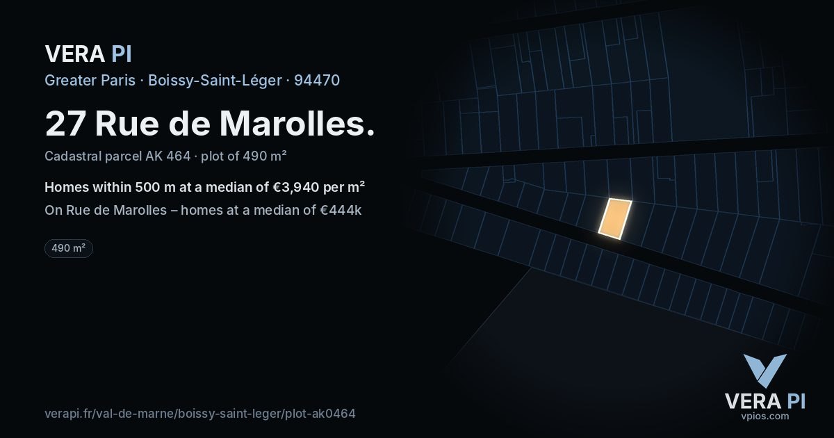 27 Rue de Marolles, Boissy-Saint-Léger at night – the plot lit, the parcels around coloured by the prices near them