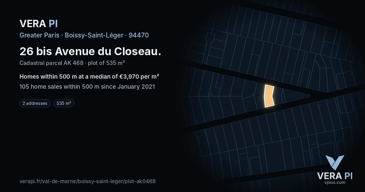 26 bis Avenue du Closeau, Boissy-Saint-Léger at night – the plot lit, the parcels around coloured by the prices near them