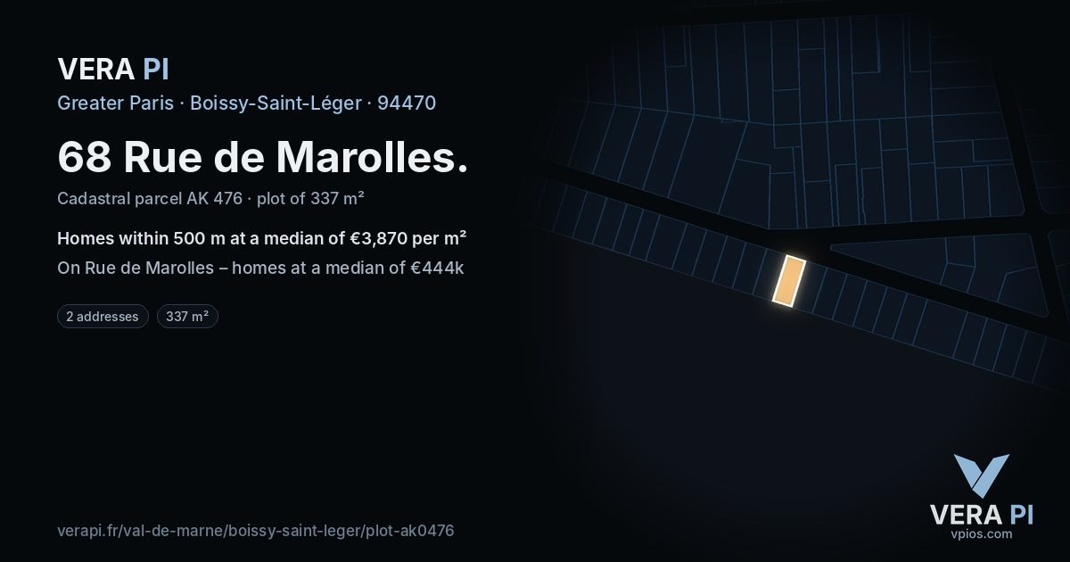 68 Rue de Marolles, Boissy-Saint-Léger at night – the plot lit, the parcels around coloured by the prices near them