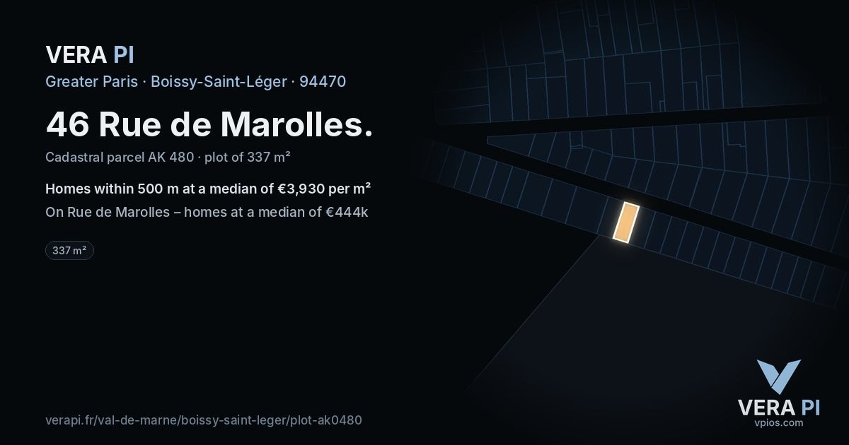 46 Rue de Marolles, Boissy-Saint-Léger at night – the plot lit, the parcels around coloured by the prices near them