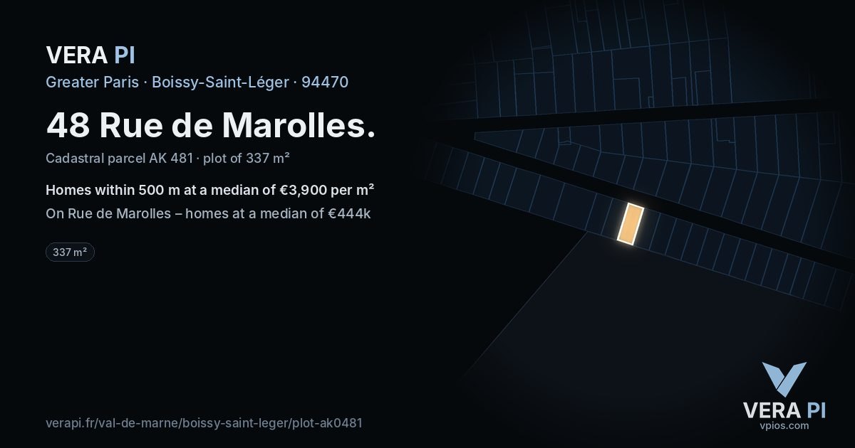 48 Rue de Marolles, Boissy-Saint-Léger at night – the plot lit, the parcels around coloured by the prices near them
