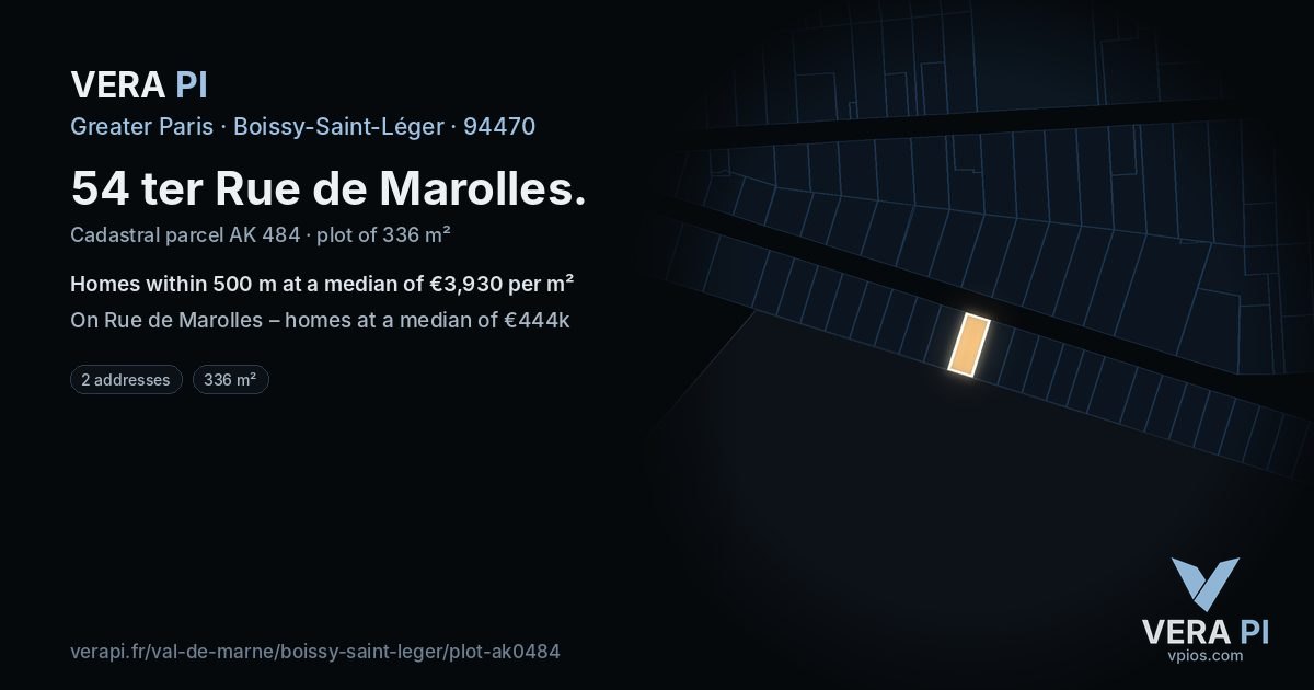 54 ter Rue de Marolles, Boissy-Saint-Léger at night – the plot lit, the parcels around coloured by the prices near them