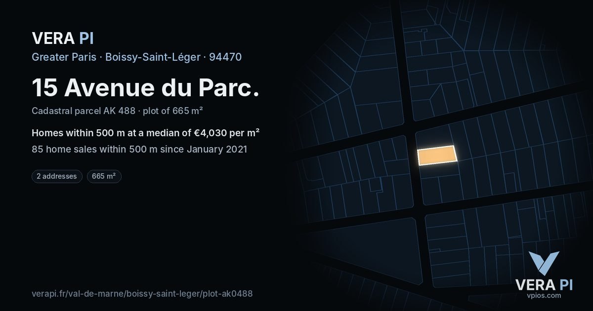 15 Avenue du Parc, Boissy-Saint-Léger at night – the plot lit, the parcels around coloured by the prices near them