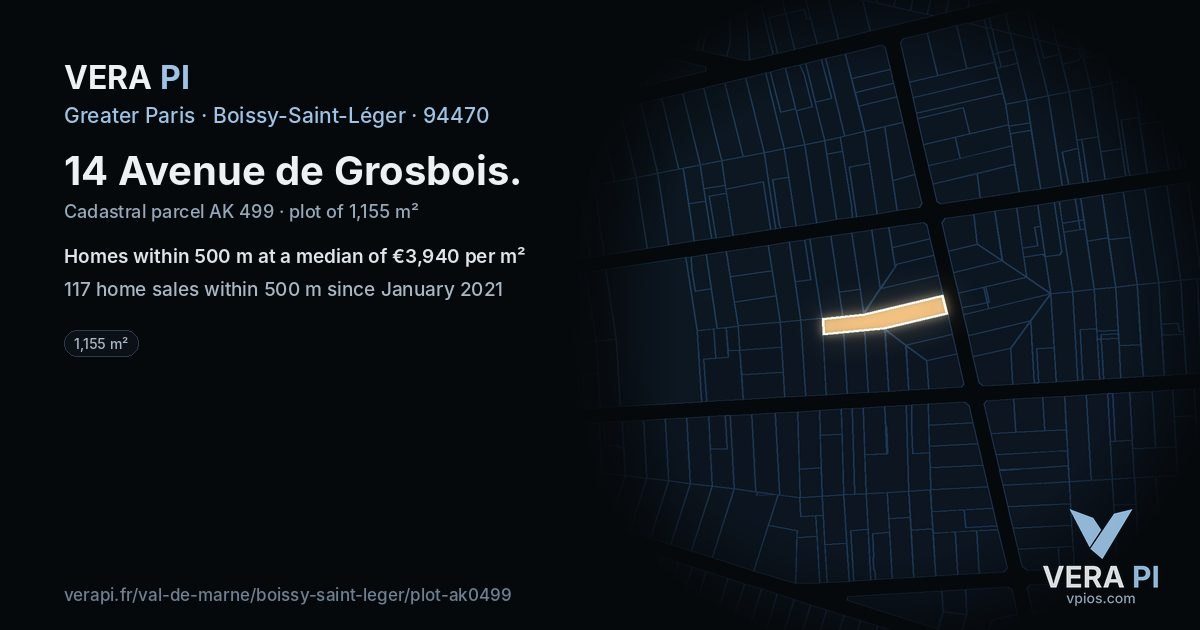 14 Avenue de Grosbois, Boissy-Saint-Léger at night – the plot lit, the parcels around coloured by the prices near them