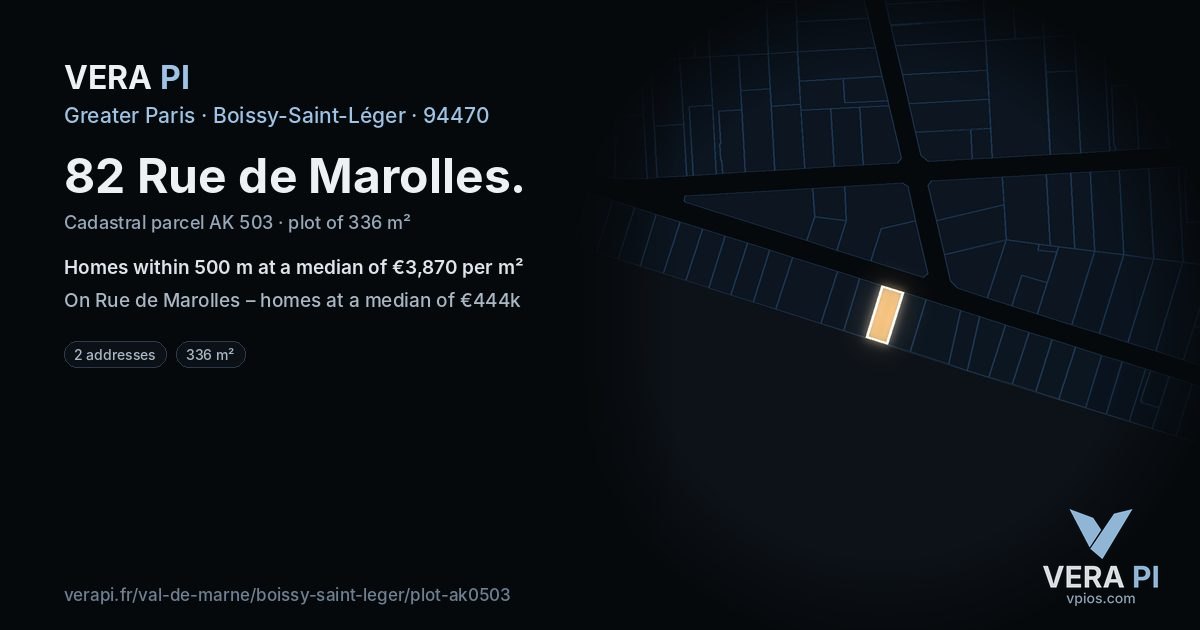82 Rue de Marolles, Boissy-Saint-Léger at night – the plot lit, the parcels around coloured by the prices near them