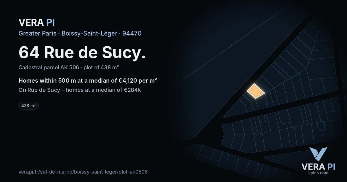 64 Rue de Sucy, Boissy-Saint-Léger at night – the plot lit, the parcels around coloured by the prices near them