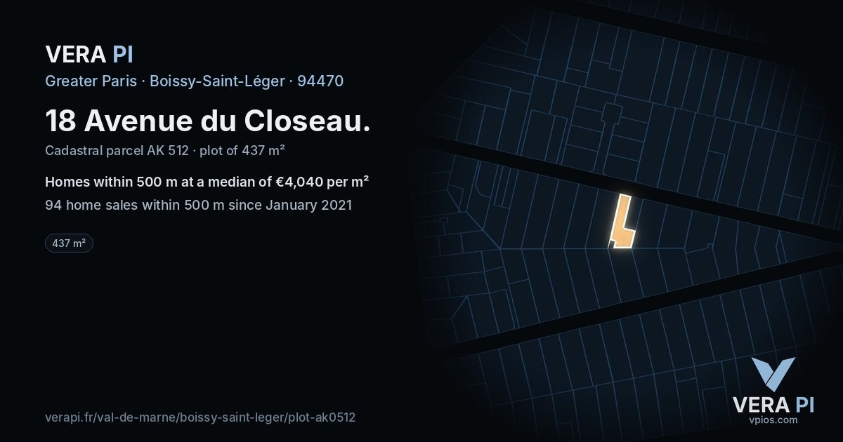 18 Avenue du Closeau, Boissy-Saint-Léger at night – the plot lit, the parcels around coloured by the prices near them