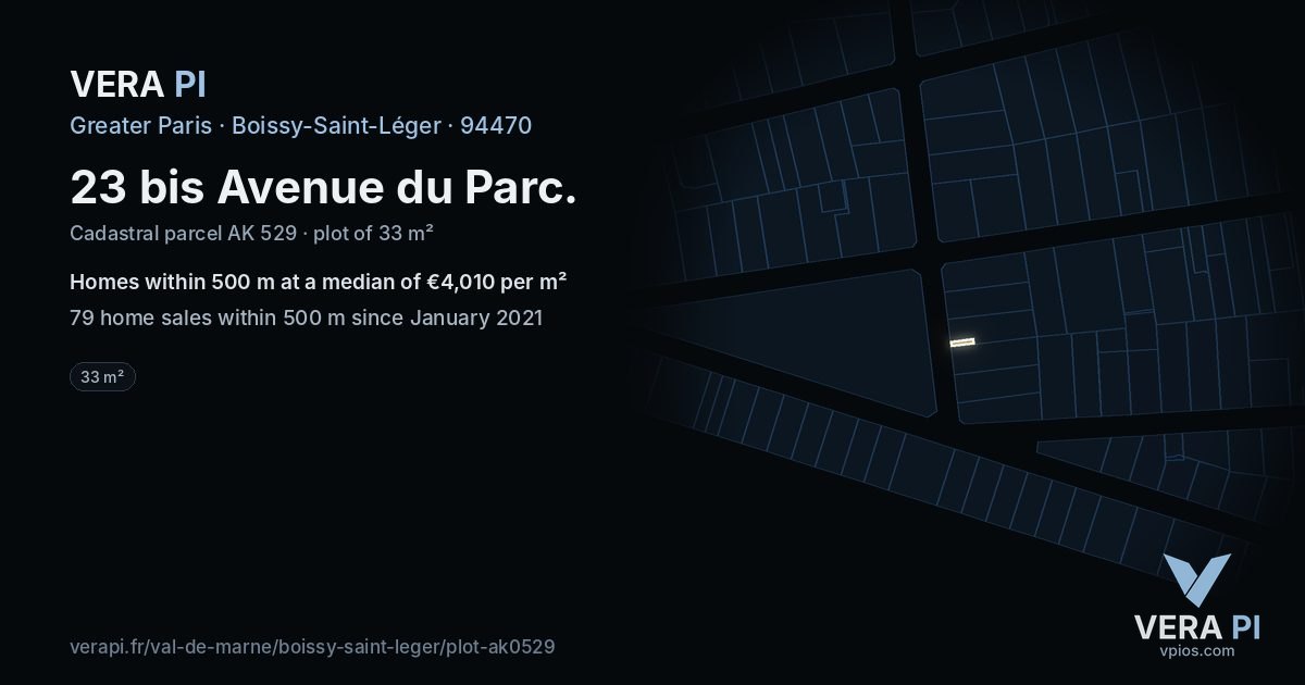 23 bis Avenue du Parc, Boissy-Saint-Léger at night – the plot lit, the parcels around coloured by the prices near them