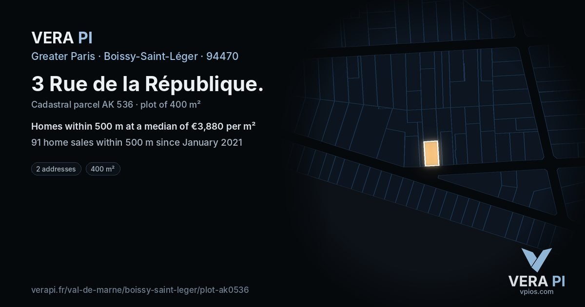 3 Rue de la République, Boissy-Saint-Léger at night – the plot lit, the parcels around coloured by the prices near them