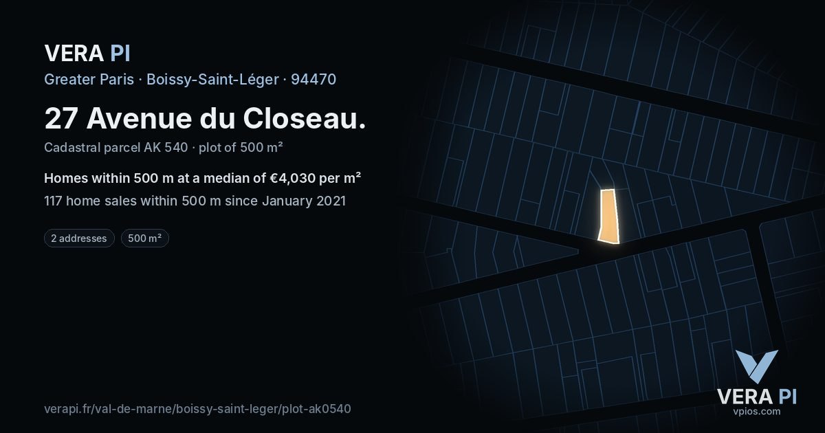 27 Avenue du Closeau, Boissy-Saint-Léger at night – the plot lit, the parcels around coloured by the prices near them