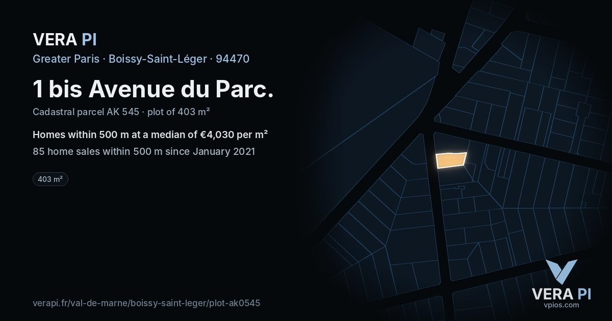 1 bis Avenue du Parc, Boissy-Saint-Léger at night – the plot lit, the parcels around coloured by the prices near them