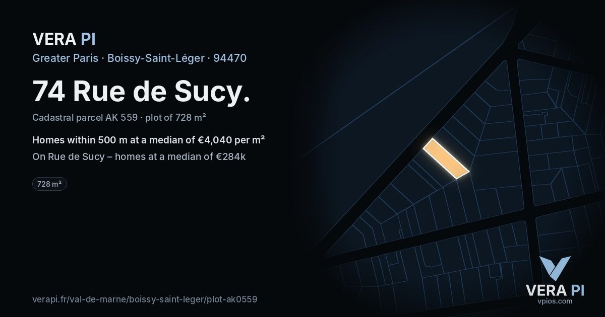 74 Rue de Sucy, Boissy-Saint-Léger at night – the plot lit, the parcels around coloured by the prices near them