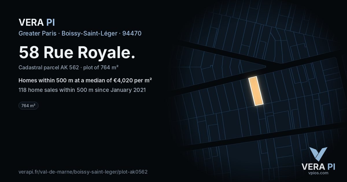 58 Rue Royale, Boissy-Saint-Léger at night – the plot lit, the parcels around coloured by the prices near them