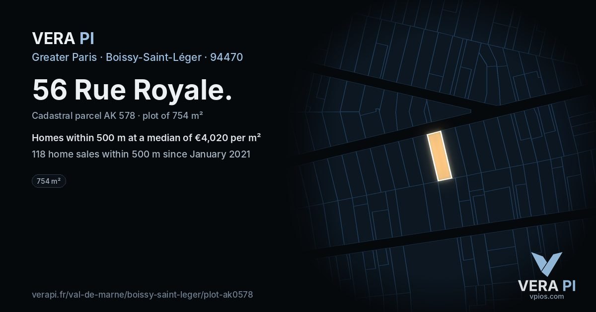 56 Rue Royale, Boissy-Saint-Léger at night – the plot lit, the parcels around coloured by the prices near them