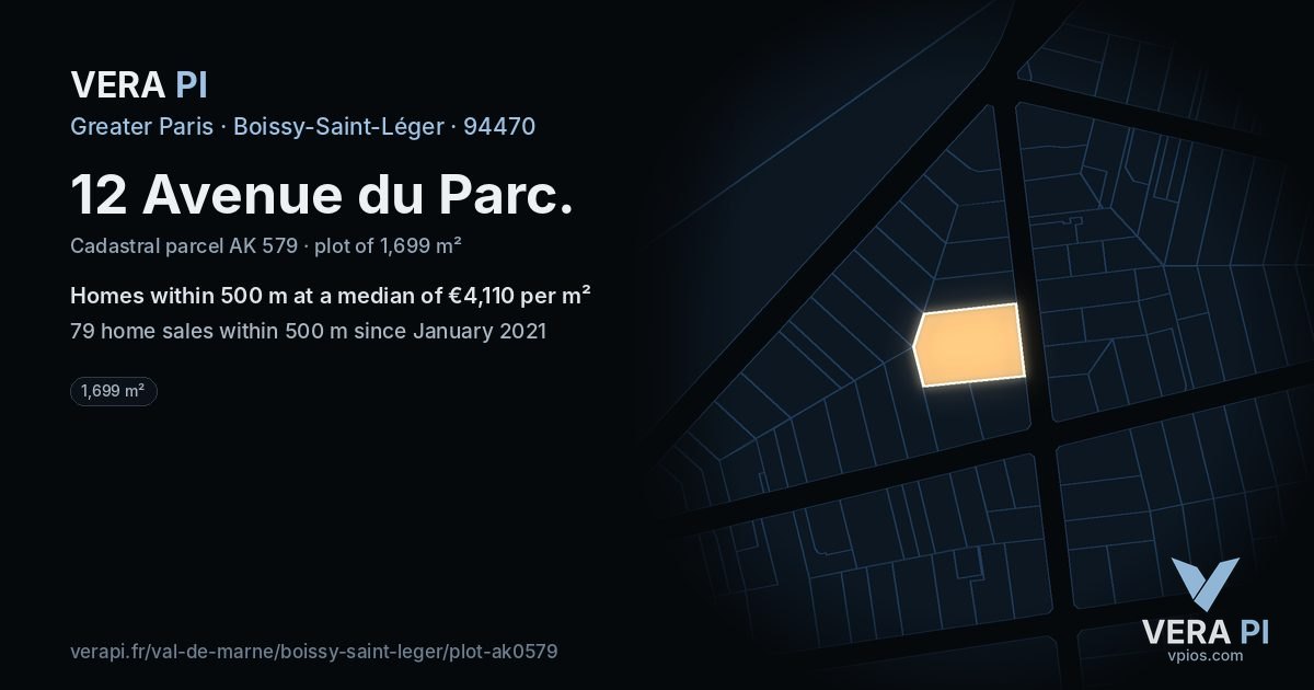 12 Avenue du Parc, Boissy-Saint-Léger at night – the plot lit, the parcels around coloured by the prices near them