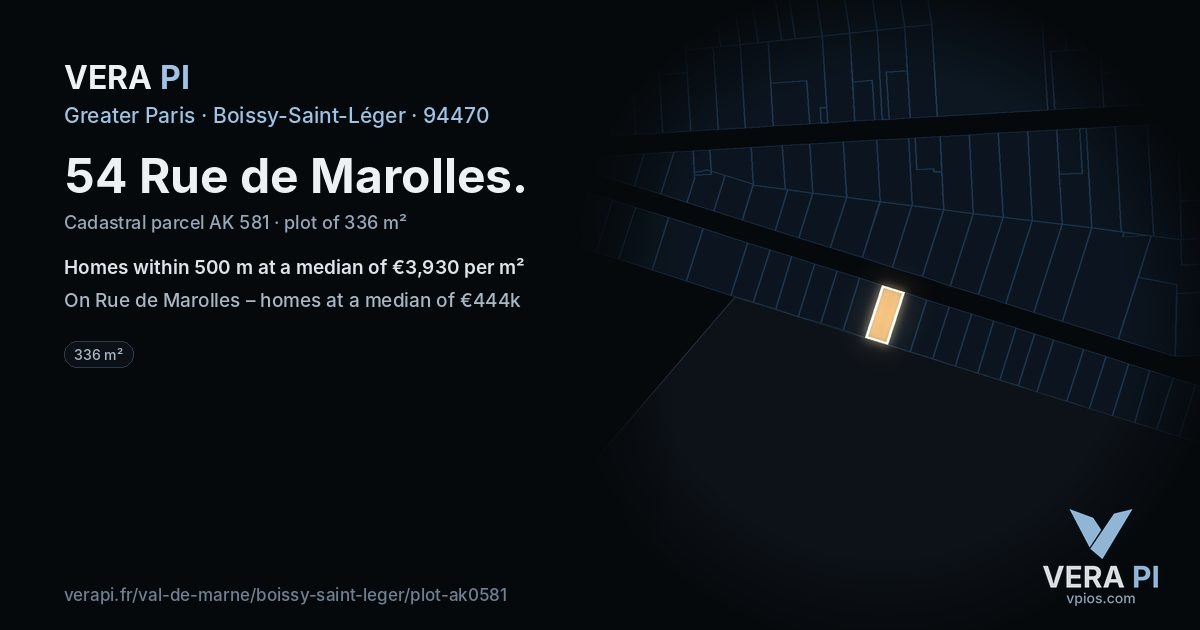 54 Rue de Marolles, Boissy-Saint-Léger at night – the plot lit, the parcels around coloured by the prices near them