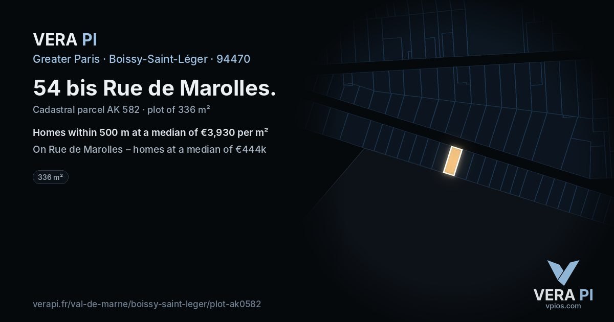 54 bis Rue de Marolles, Boissy-Saint-Léger at night – the plot lit, the parcels around coloured by the prices near them