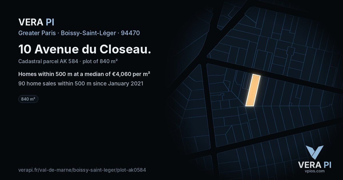 10 Avenue du Closeau, Boissy-Saint-Léger at night – the plot lit, the parcels around coloured by the prices near them
