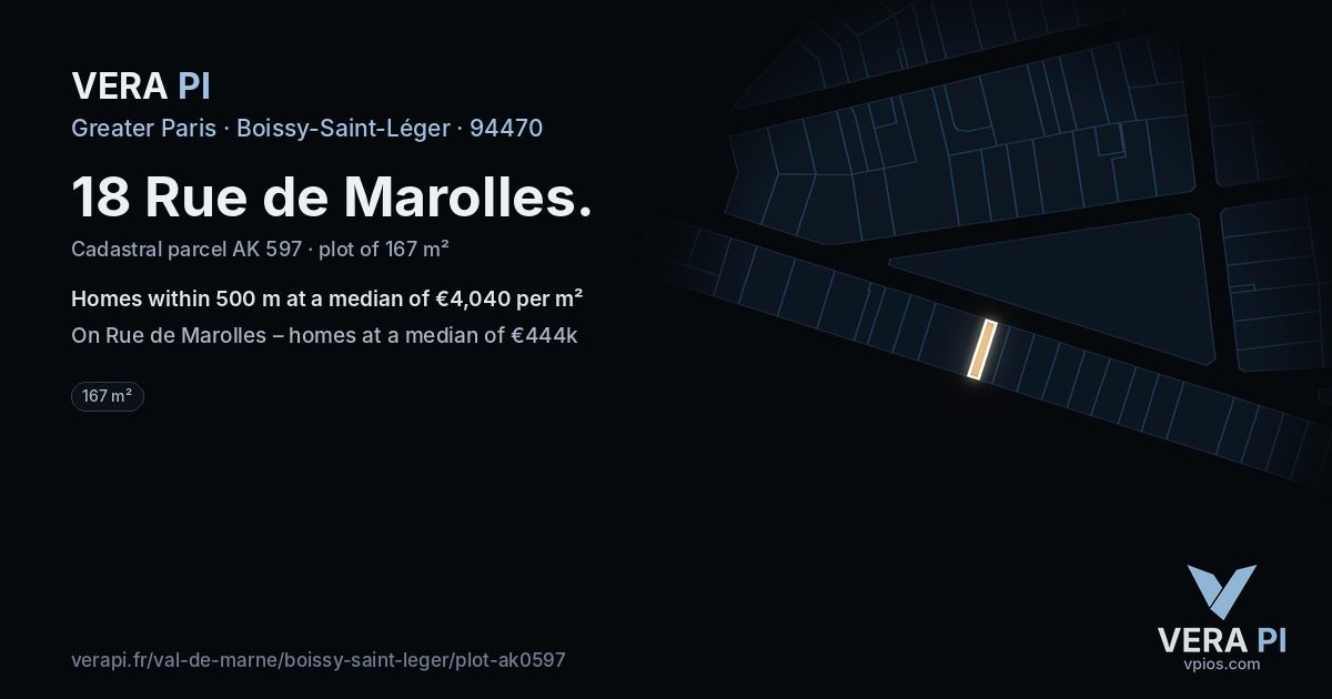 18 Rue de Marolles, Boissy-Saint-Léger at night – the plot lit, the parcels around coloured by the prices near them