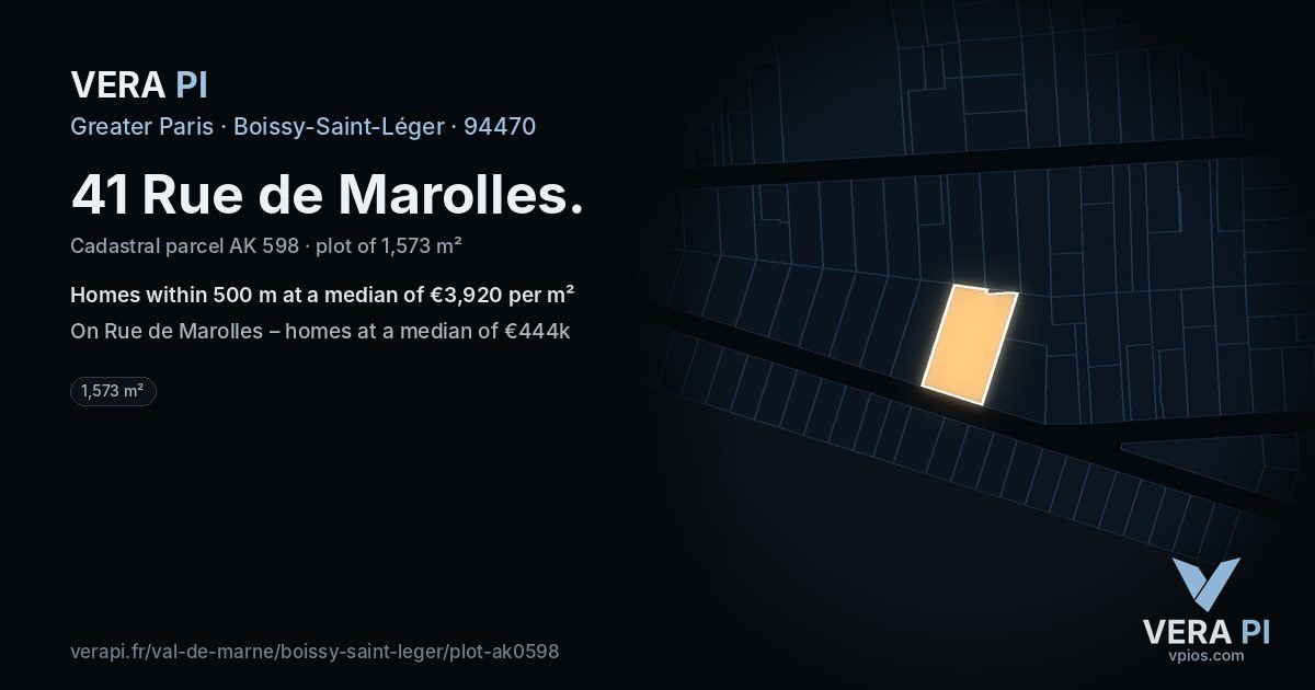41 Rue de Marolles, Boissy-Saint-Léger at night – the plot lit, the parcels around coloured by the prices near them