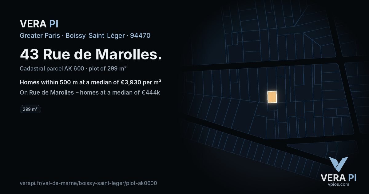 43 Rue de Marolles, Boissy-Saint-Léger at night – the plot lit, the parcels around coloured by the prices near them