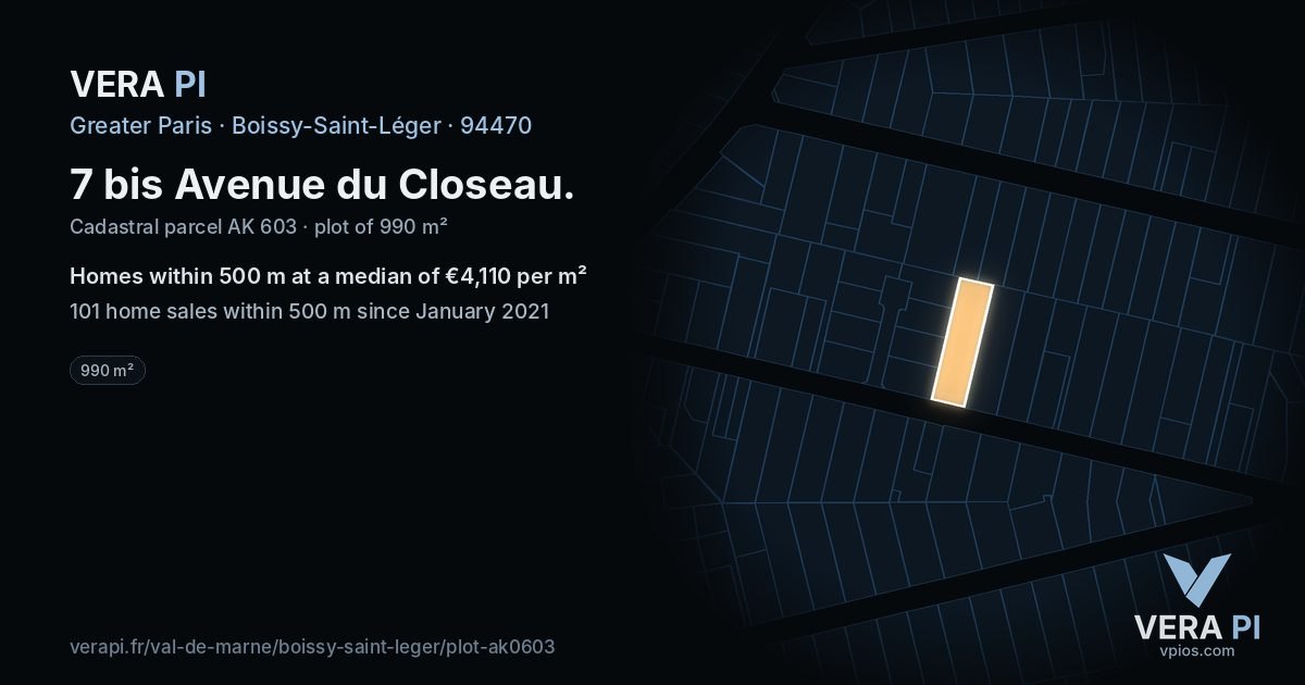 7 bis Avenue du Closeau, Boissy-Saint-Léger at night – the plot lit, the parcels around coloured by the prices near them