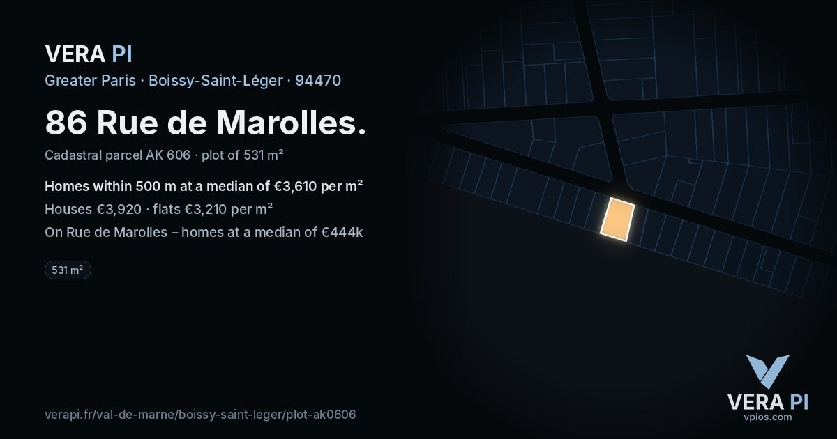 86 Rue de Marolles, Boissy-Saint-Léger at night – the plot lit, the parcels around coloured by the prices near them