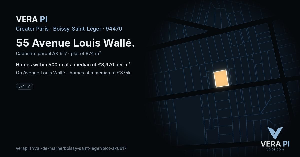 55 Avenue Louis Wallé, Boissy-Saint-Léger at night – the plot lit, the parcels around coloured by the prices near them
